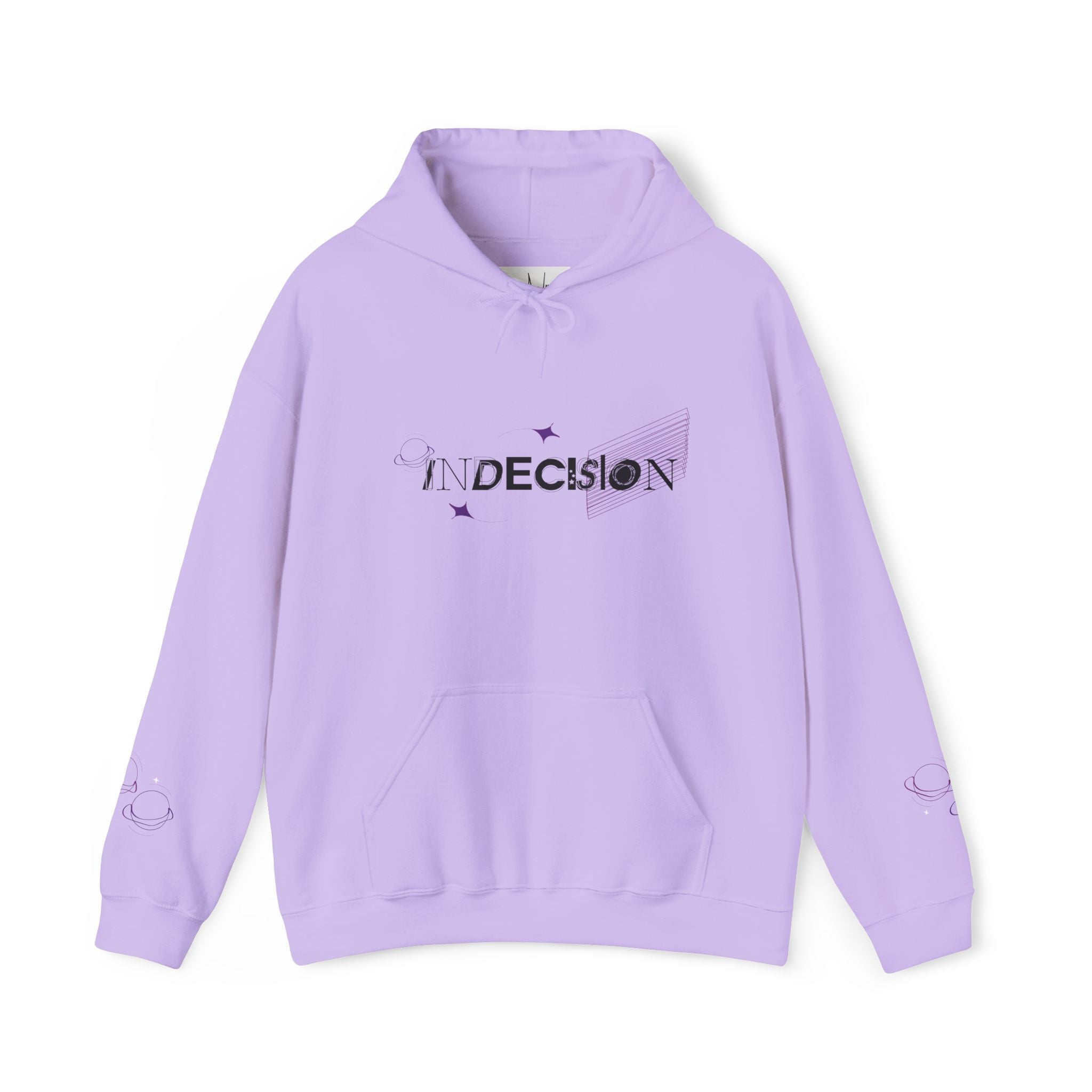 Lavender hoodie with 'Indecision' text on a white background