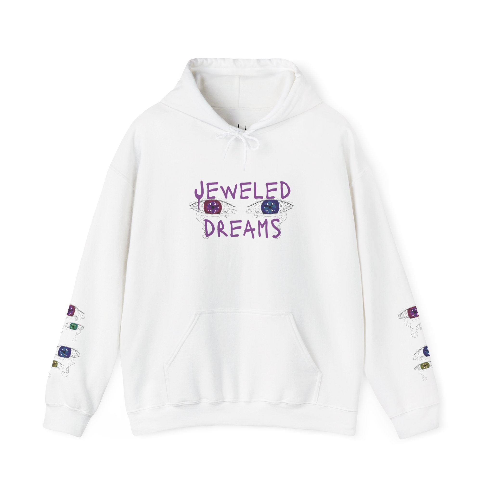 White hoodie with 'Jeweled Dreams' text and colorful designs on sleeves against a white background
