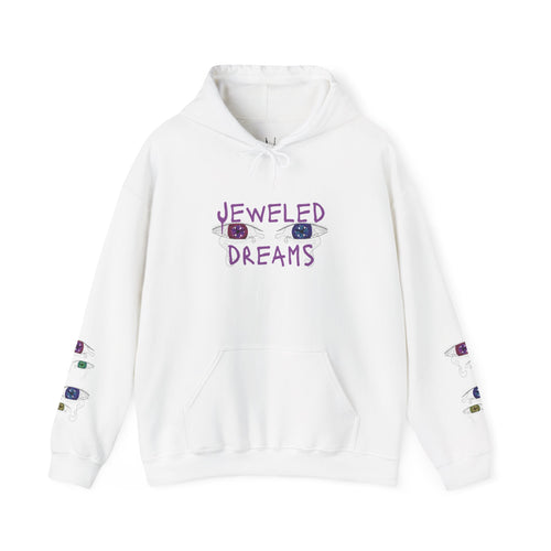 White hoodie with 'Jeweled Dreams' text and colorful designs on sleeves against a white background