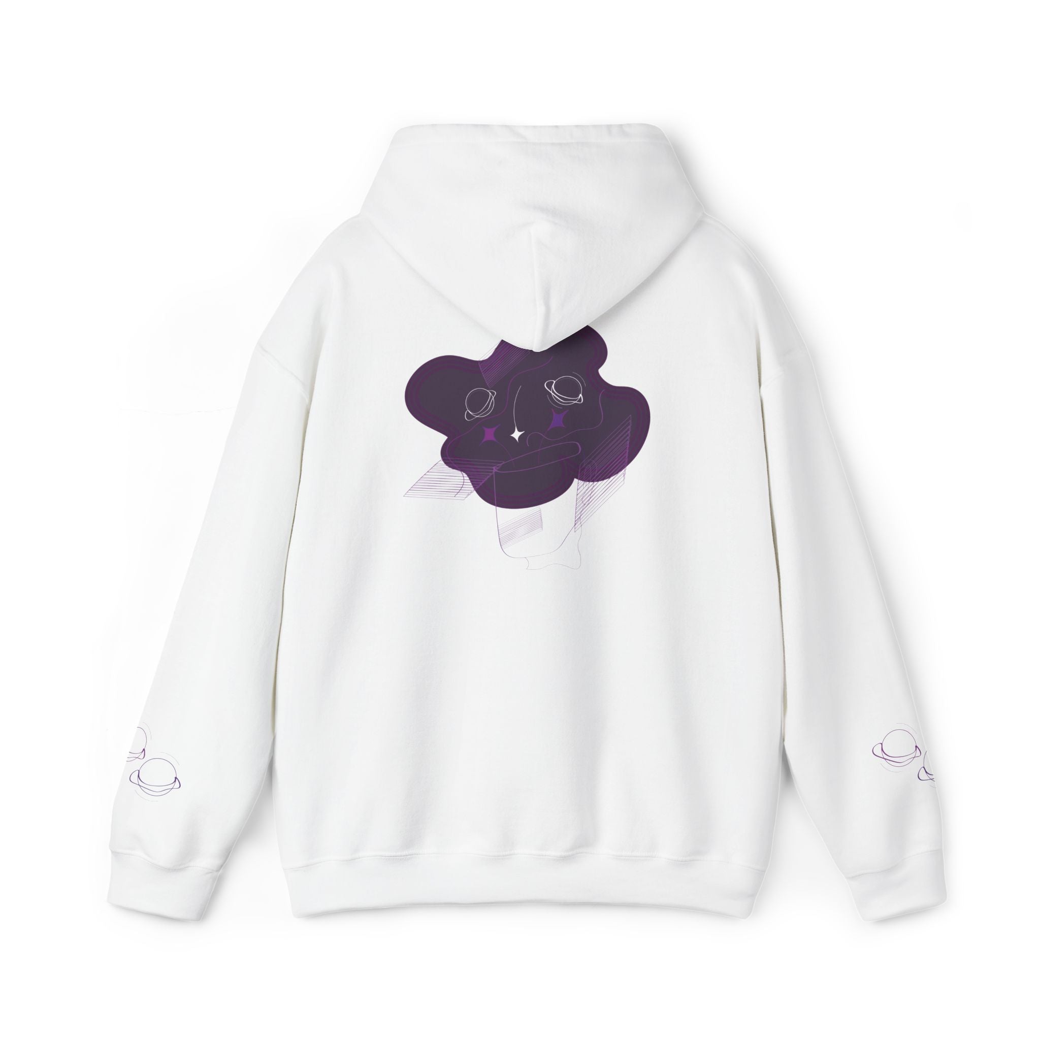 White hoodie with a purple graphic on the back against a white background