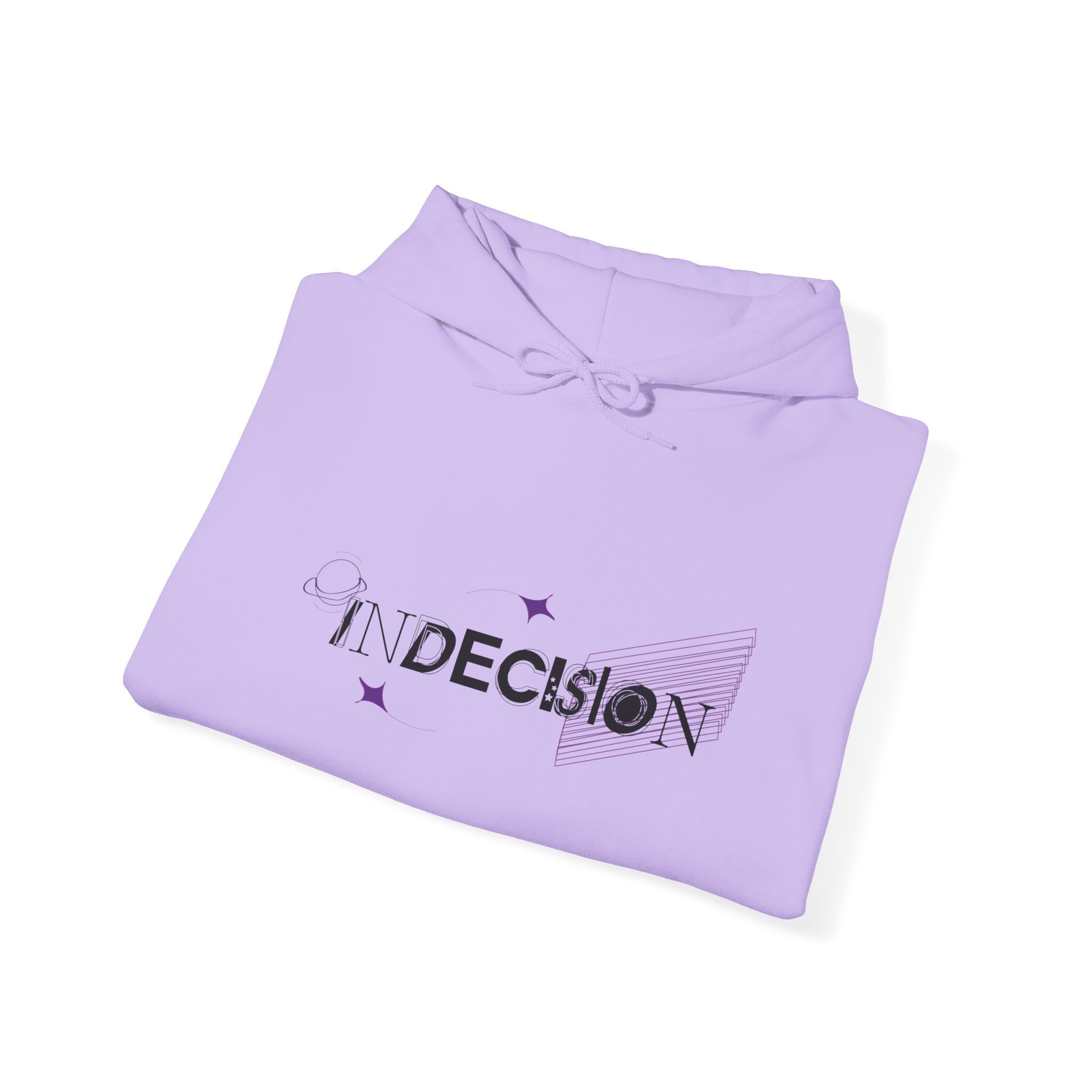 Folded purple hoodie with 'INDECISION' text on a white background
