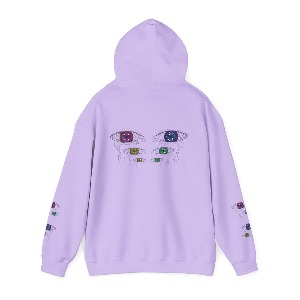 Lavender hoodie with eye designs on a white background
