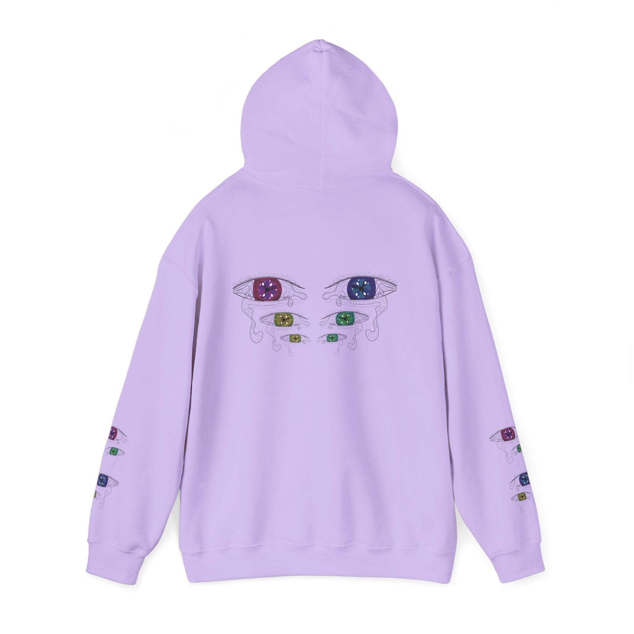 Lavender hoodie with eye designs on a white background