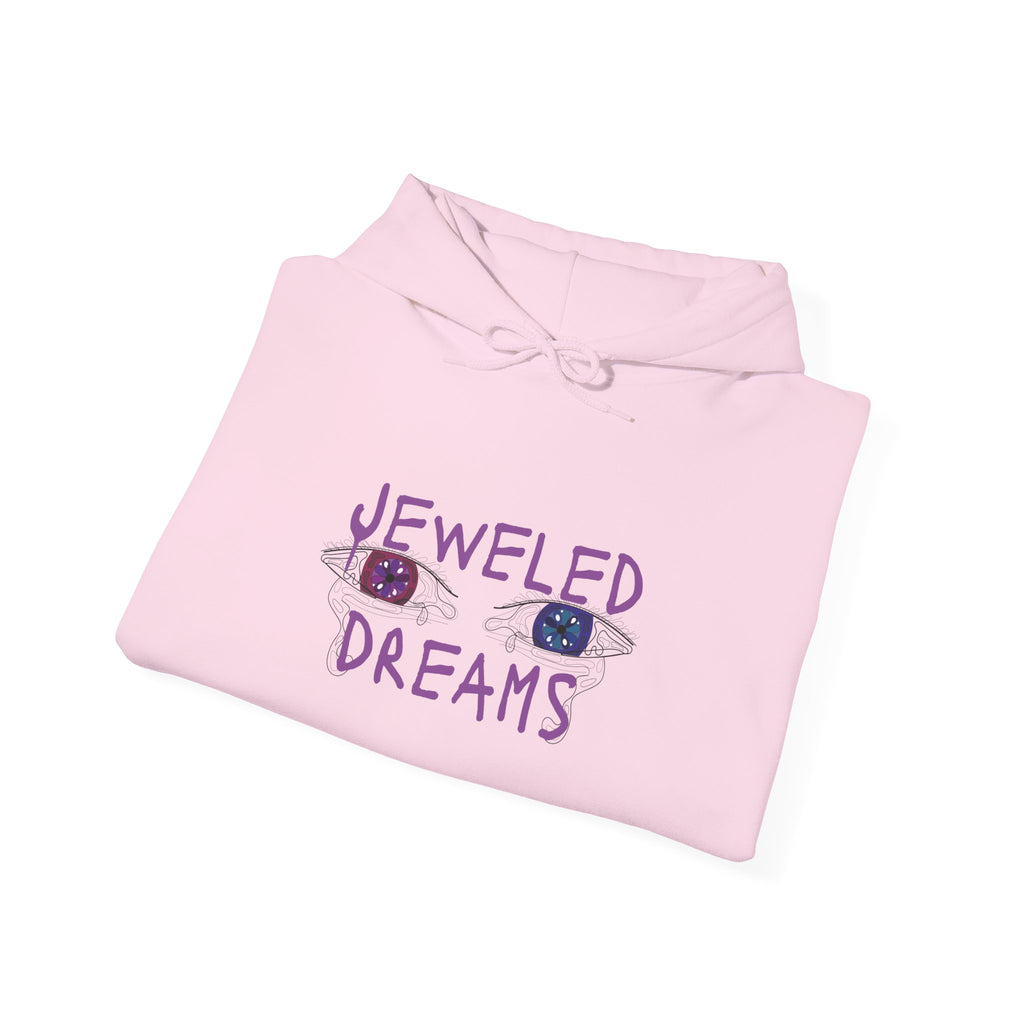 Pink hoodie with 'Jeweled Dreams' text and eye designs on a pink background