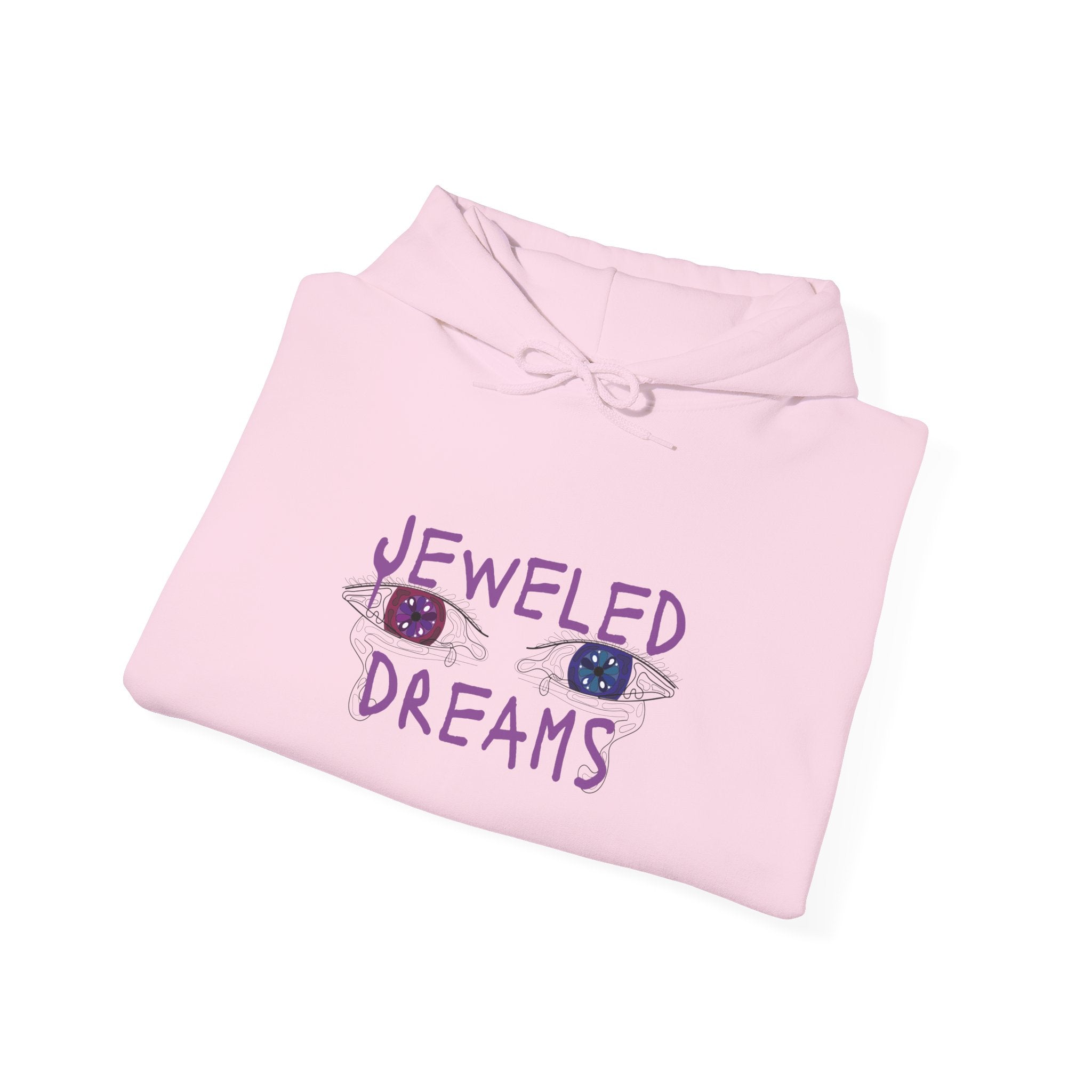 Pink hoodie with 'Jeweled Dreams' text and eye designs on a pink background