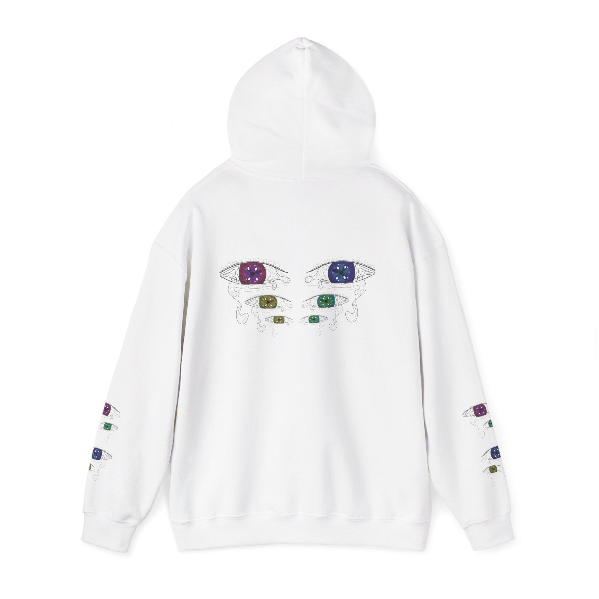 White hoodie with colorful eye design on a white background