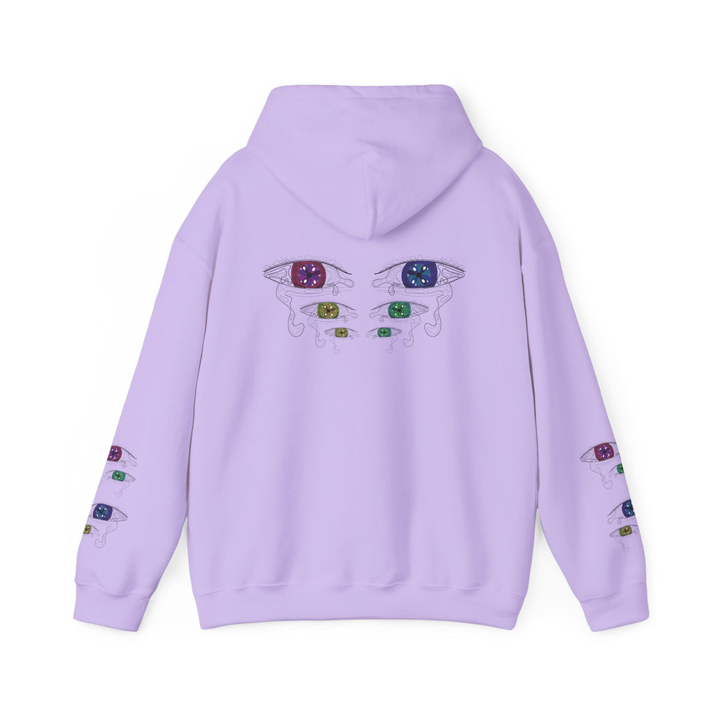 Lavender hoodie with eye designs on the back against a white background