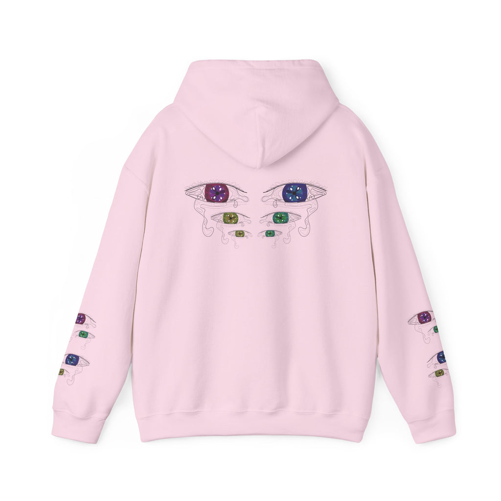 Pink hoodie with colorful eye designs on the back and sleeves against a white background