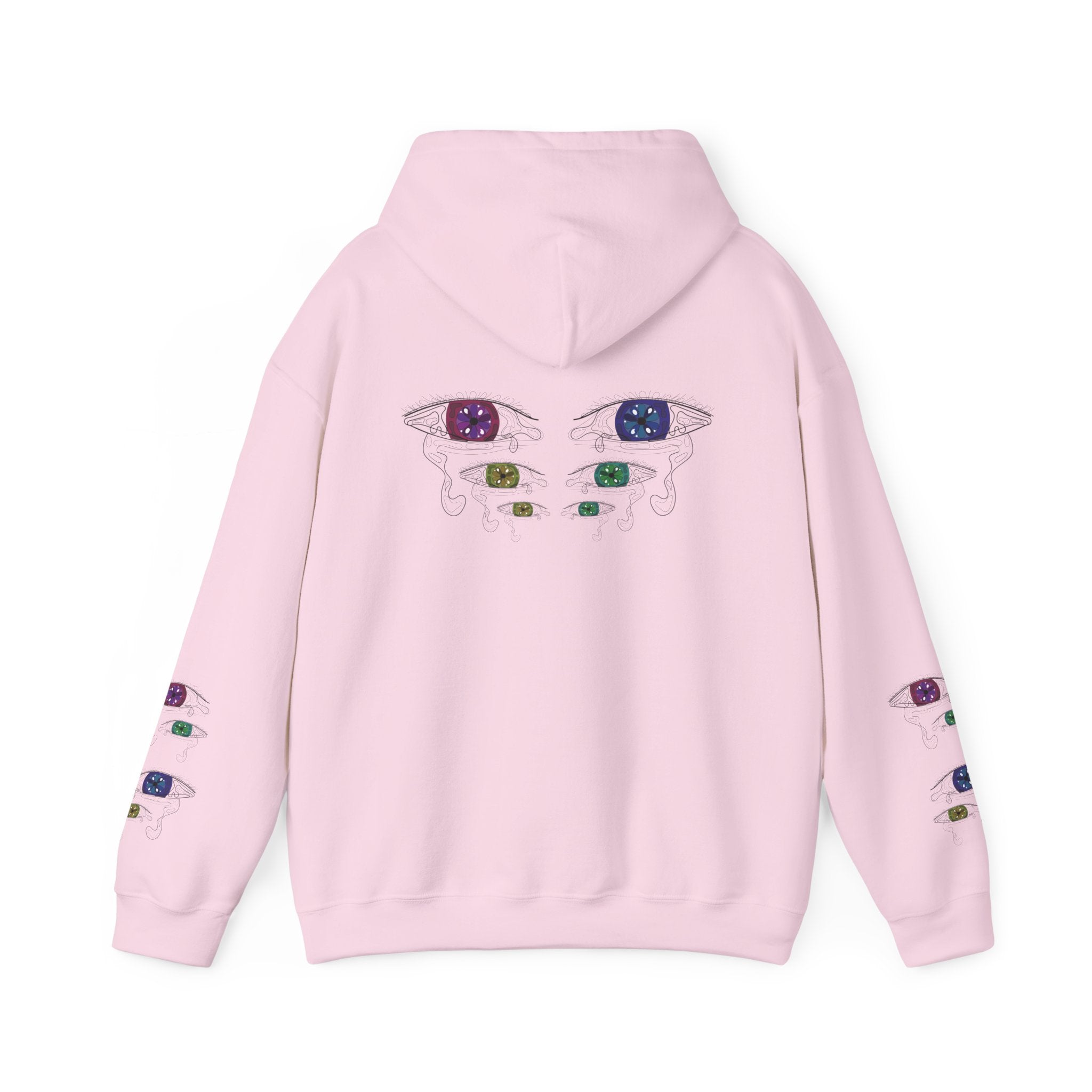 Pink hoodie with colorful eye designs on the back and sleeves against a white background