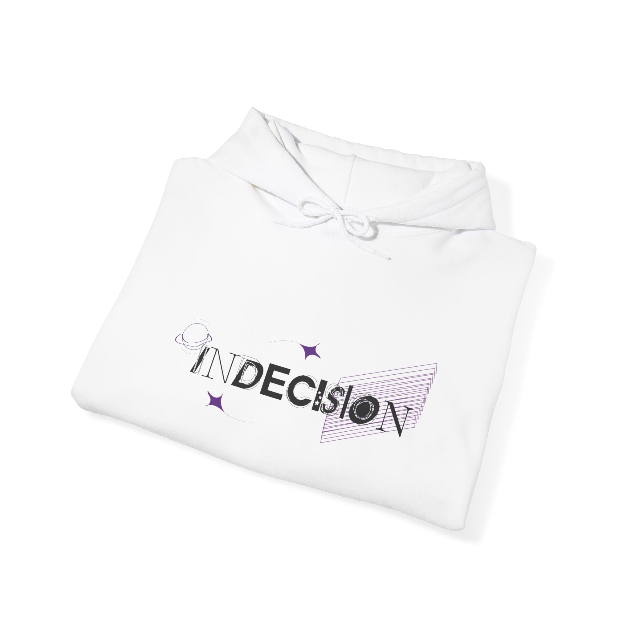 White hoodie with 'INDECISION' text design on a white background