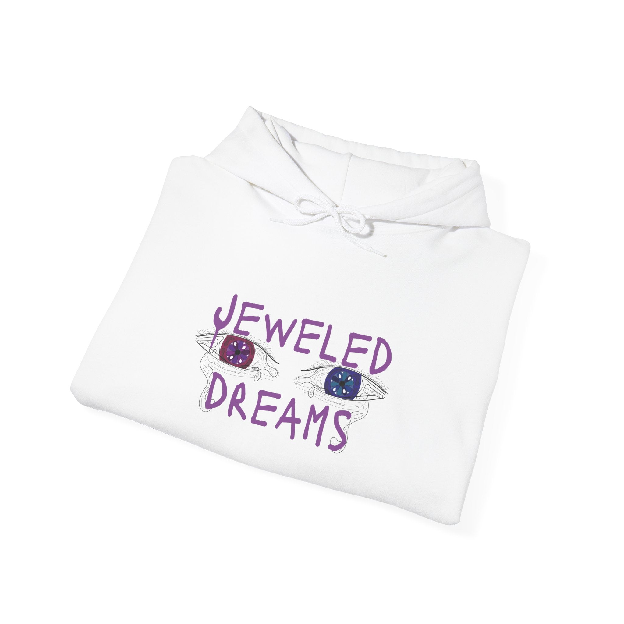 White hoodie with 'Jeweled Dreams' text and eye graphics on a white background