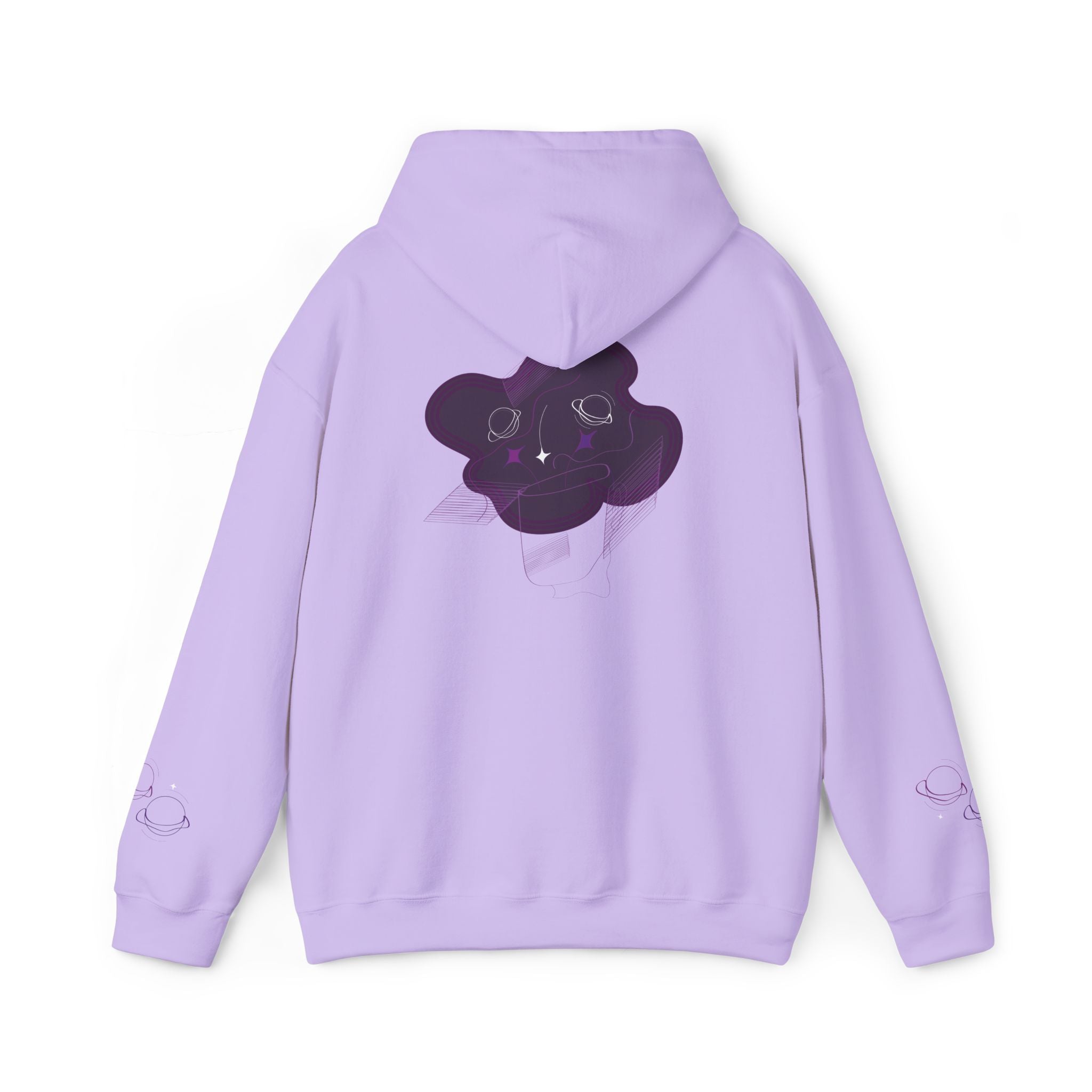Lavender hoodie with a purple graphic on the back against a white background