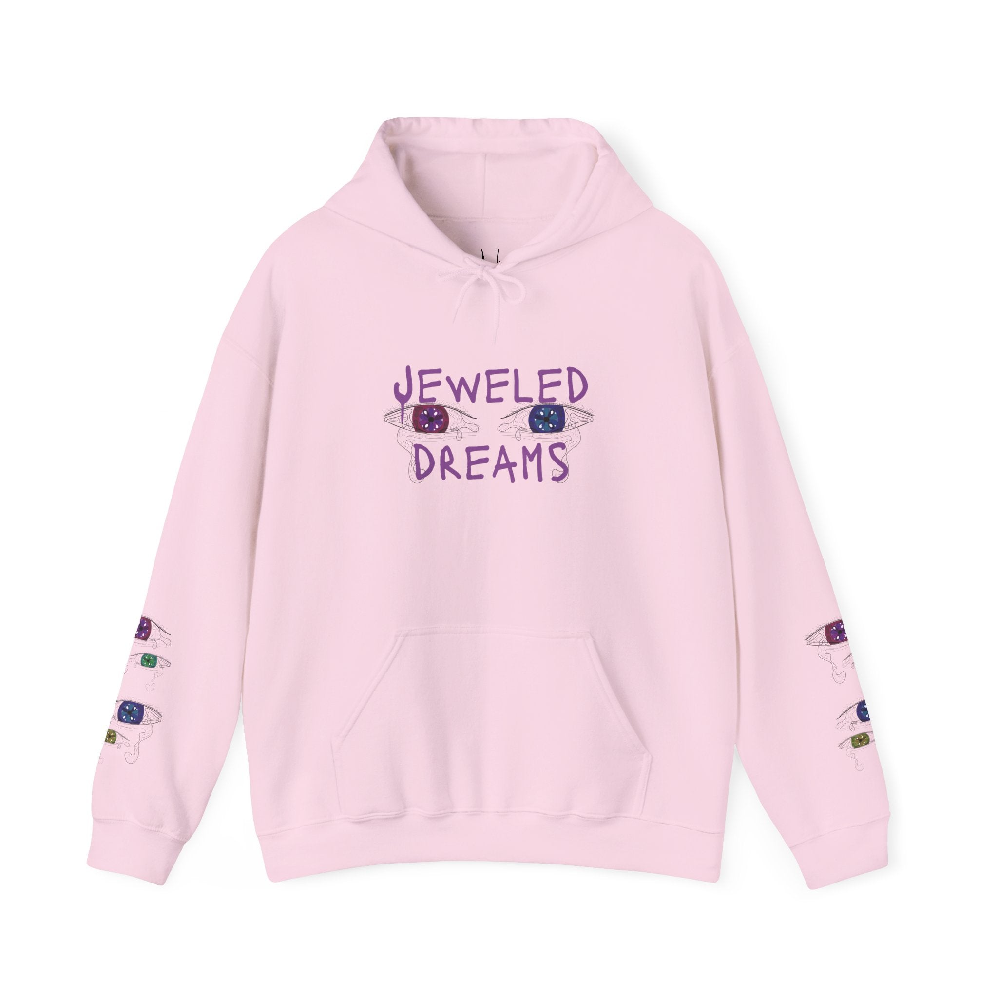 Pink hoodie with 'Jeweled Dreams' text and decorative elements on a white background