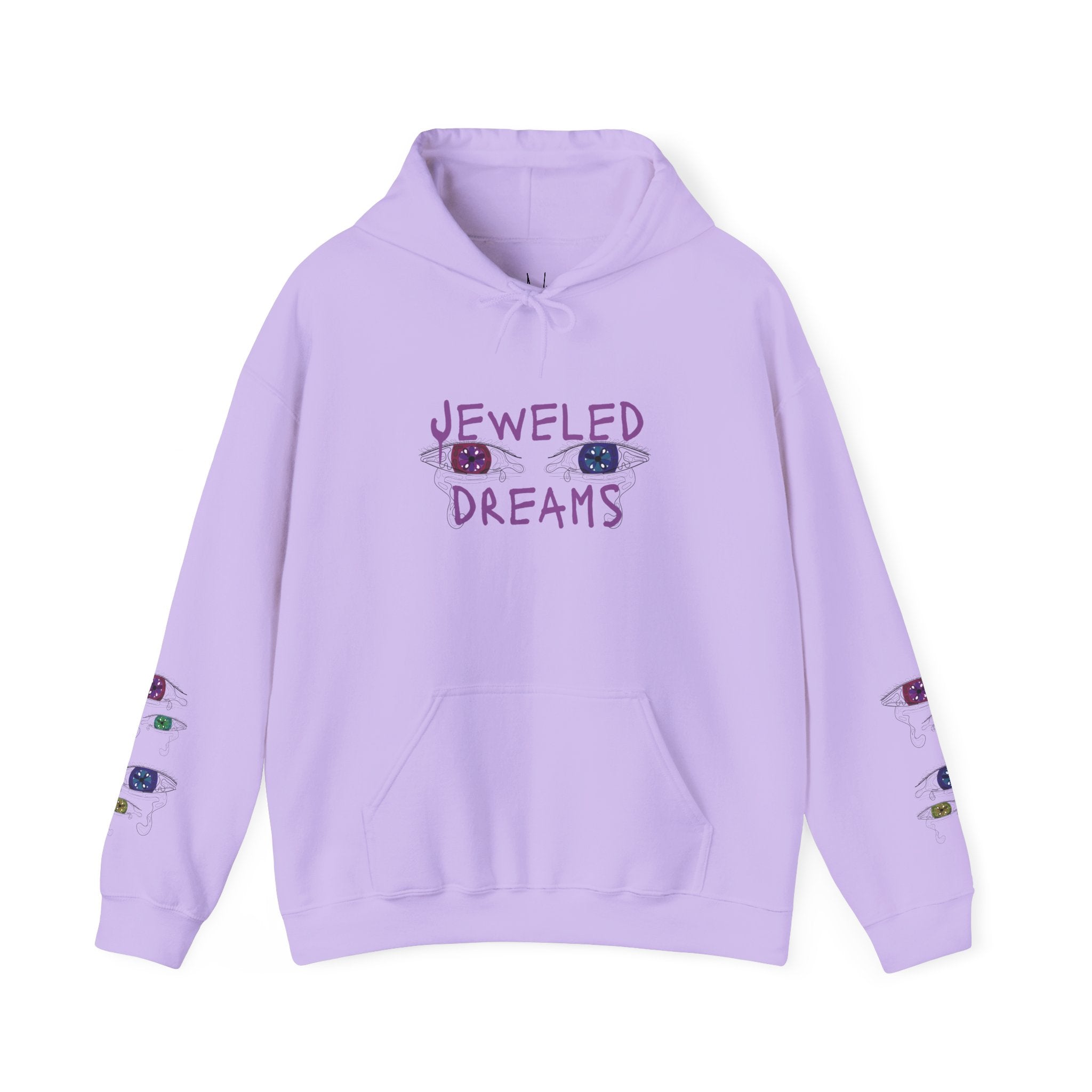 Lavender hoodie with 'Jeweled Dreams' text and sleeve designs on a white background