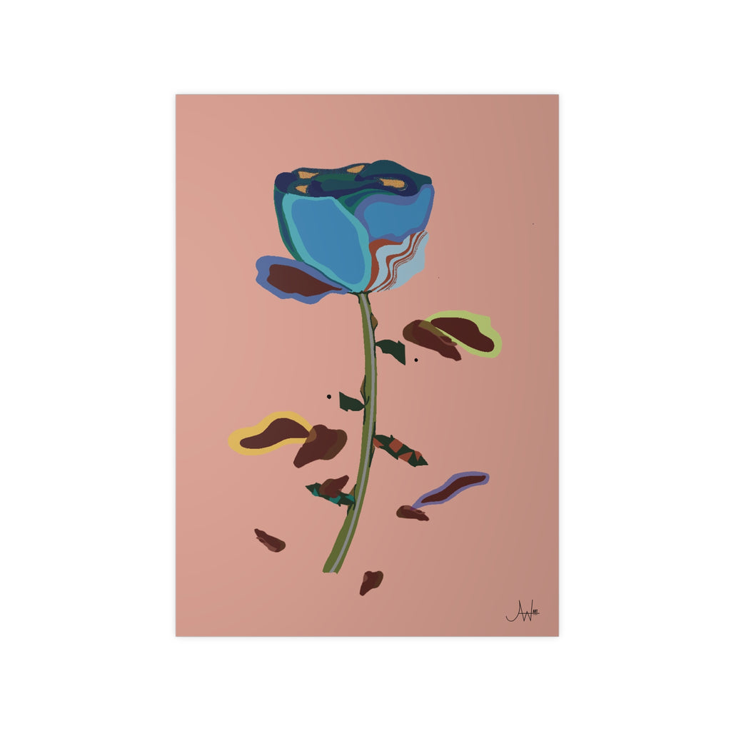 Abstract painting of a blue flower on a pink background