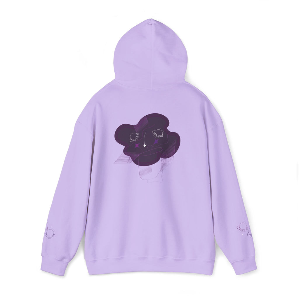 Lavender hoodie with a purple graphic on the back against a white background