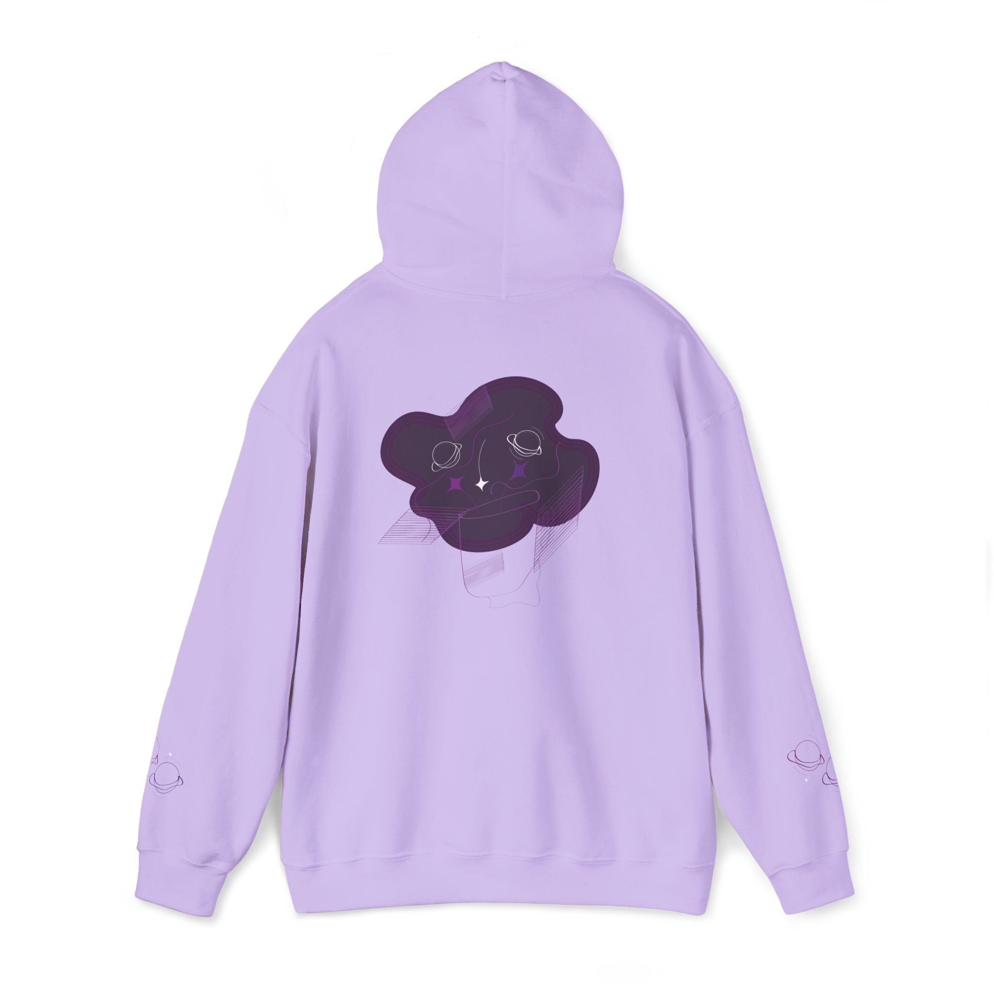Lavender hoodie with a purple graphic on the back against a white background