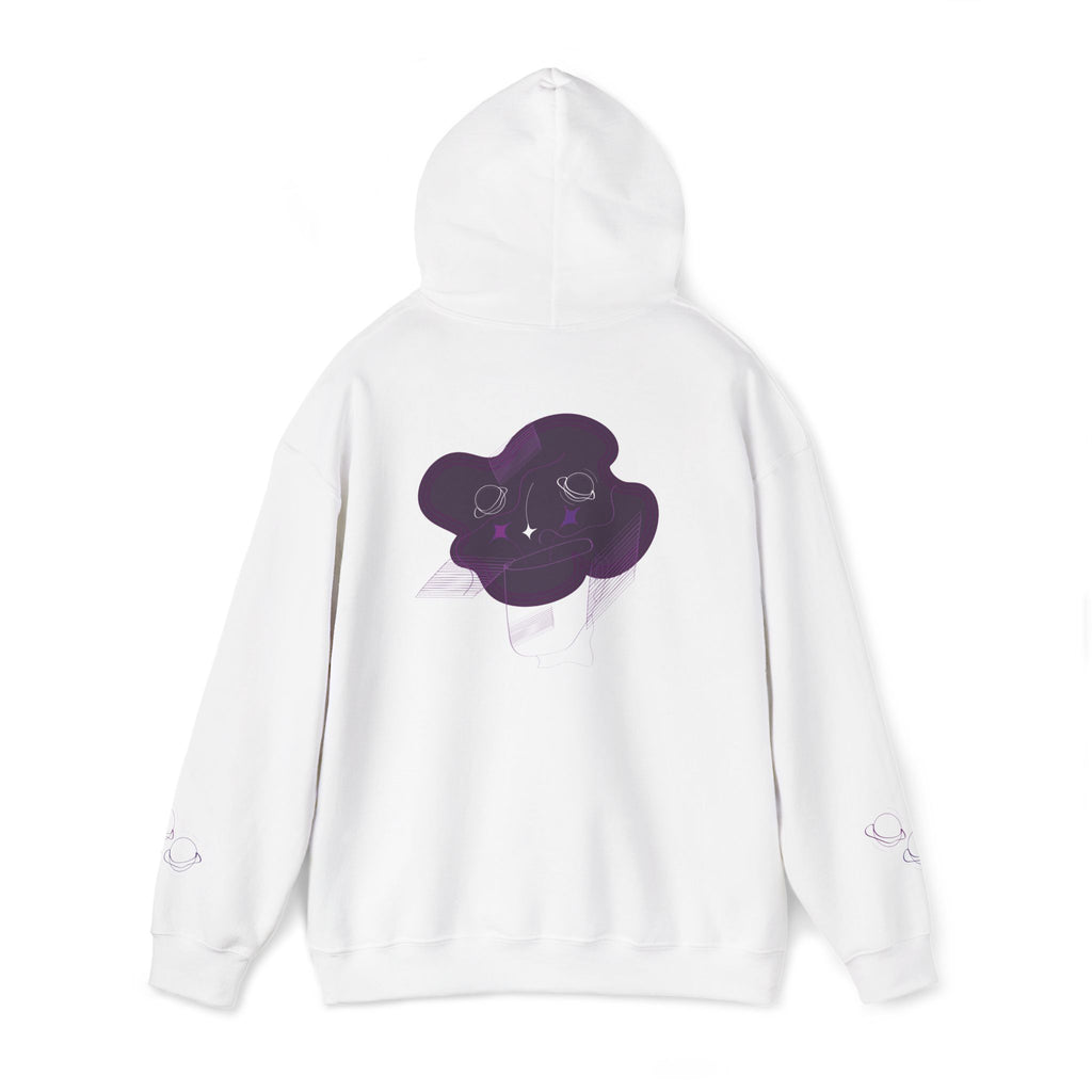 White hoodie with a purple graphic design on the back against a white background