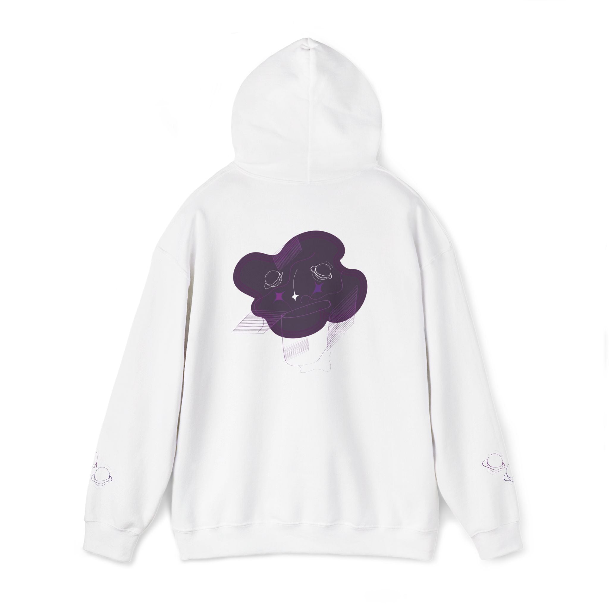 White hoodie with a purple graphic design on the back against a white background
