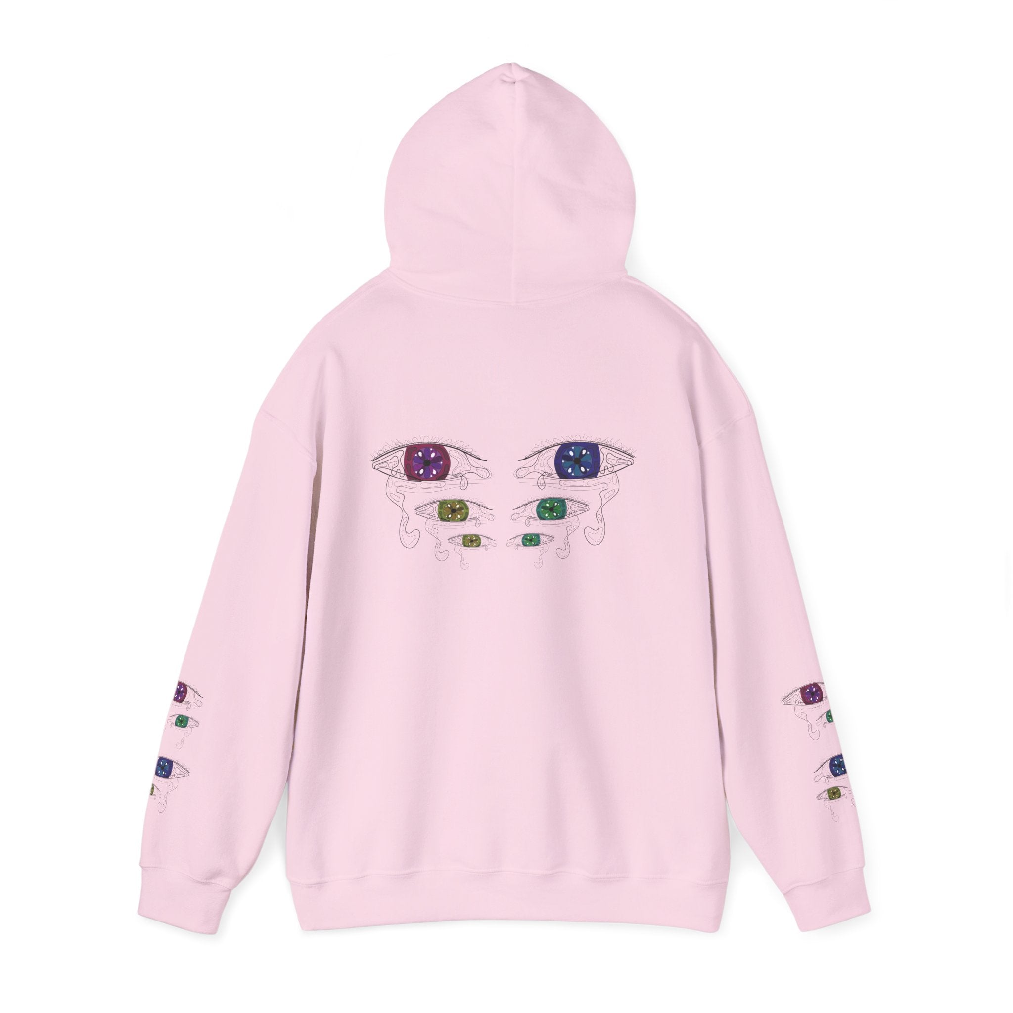Pink hoodie with decorative eyes on the back against a white background