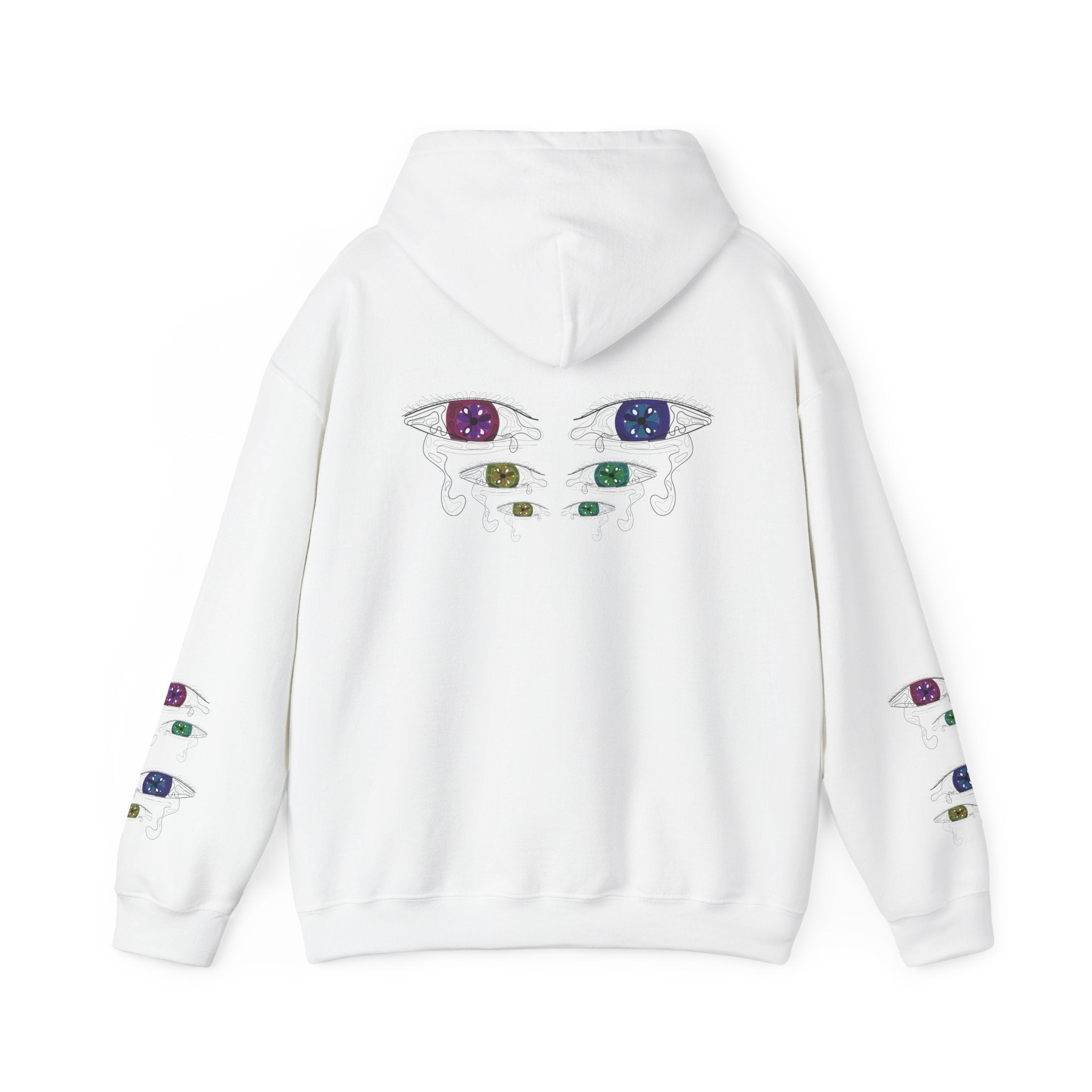 White hoodie with colorful eye designs on the back against a white background
