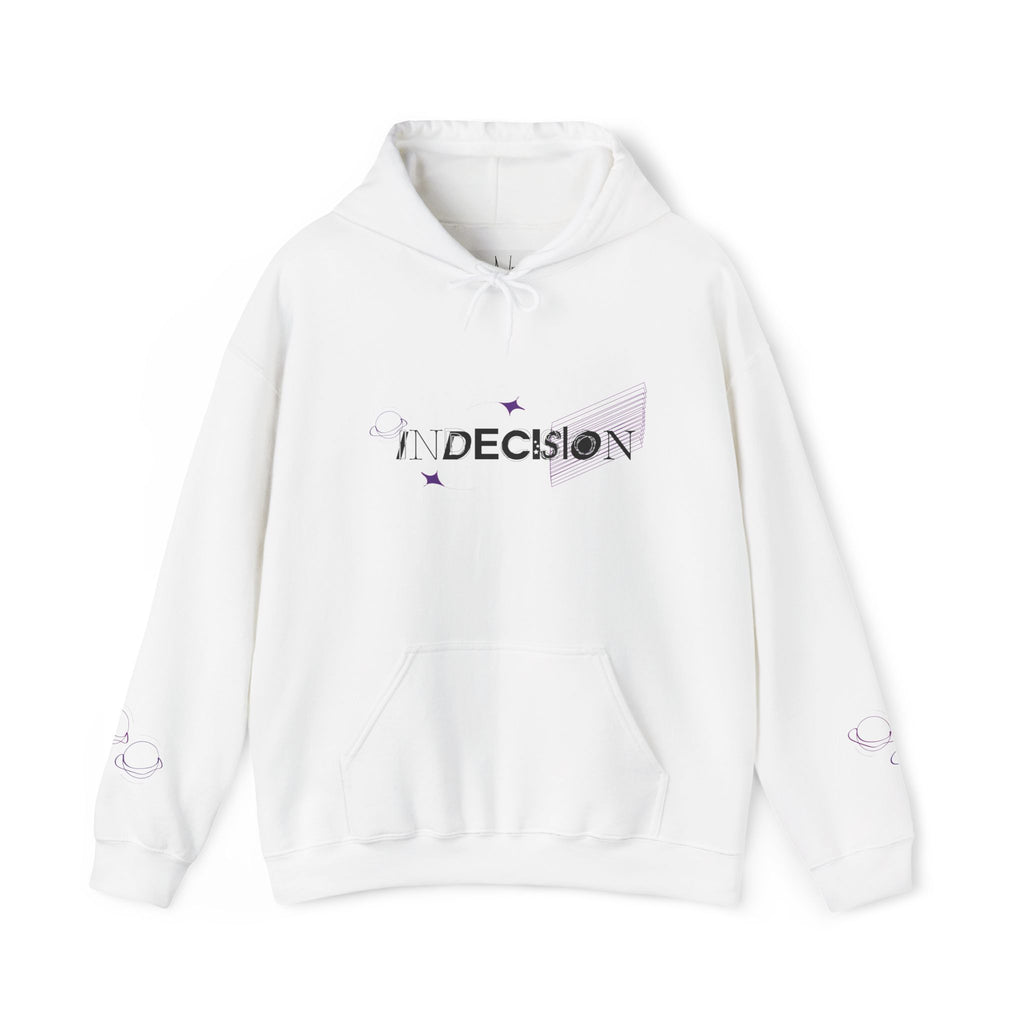 White hoodie with 'Indecision' text on a white background