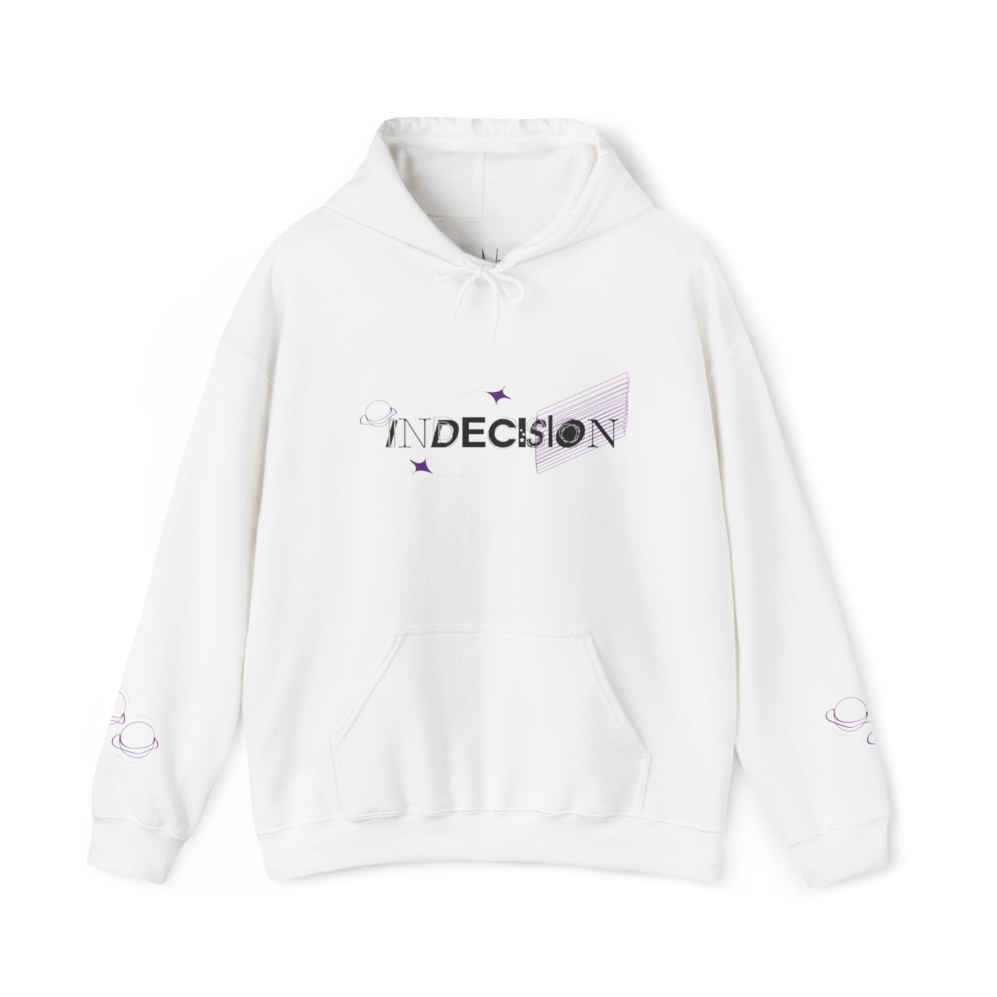 White hoodie with 'Indecision' text on a white background