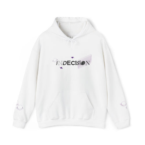 White hoodie with 'Indecision' text on a white background